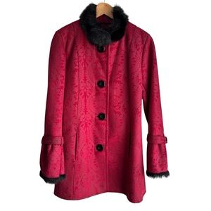 Vintage Inspired Red Jacquard Faux Suede Jacket Sz S Damask Long Winter Coat EUC